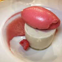 Dessert: Vegan “cheesecake” with raspberry sorbet at The Gunyah Restaurant in Huskisson