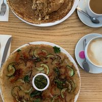 Pancake with vegetables is vegan - also oat milk flat white  at Pancakes - Berenstraat in Amsterdam