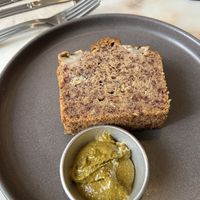 Banana bread with pistachio butter  at Comoba in Lisbon