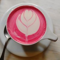 Beetroot latte with almond milk at Comoba in Lisbon