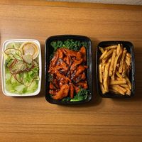 Vegan BBQ ribs, fries, and a side salad at Pinellia in South Bend