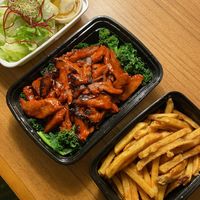 Vegan BBQ ribs, fries, and a side salad at Pinellia in South Bend
