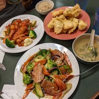 Seitan in garlic sauce (bottom), sweet and sour soy protein, tempura veggies, and miso soup at Pinellia in South Bend