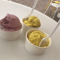 Creamy vegan cherry lime and golden mylk ice creams! at Manzanita Market in Taos