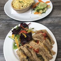 Vegetarian lentil and veggie pie and hummus and roasted veg sandwich  at Browns Kitchen in Sidmouth