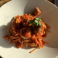 Vegan ‘meatball’ marinara made with ground almond, tempeh and vegan cheddar at Hall and Woodhouse in Portishead