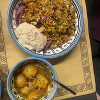 Magluba -Vegan. This was amazing - with a side of onions.   at Frary's in Venice