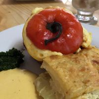 Typical Peruvian plate from Arequipa rocoto relleno and pastel de papa at Namaste Coffee in Lima