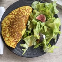 Omelette made with chickpea and rice flour and tofu! Greens were refreshing .  at Amour Patisserie Vegetale in Nice