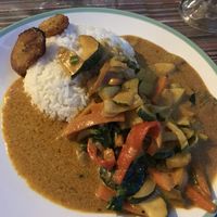 Veggie Creole plate with fried plantains  at Authenic Flavors in San Ignacio