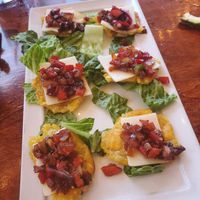 Plantain pizza medallions...mmmmm at Cuba's Cookin' in Oranjestad