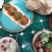 Falafel, Baba Ganoush, Mushrooms at Nana Meze & Wine in Munich