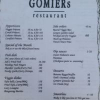 Current menu as of July 2017, side one at Gomier's in Punta Gorda