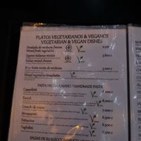Pasta menu with vegan options labelled at Ristorante Pizzeria Cahuita in Cahuita