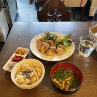 The recommended set with fried soy meat, it came with soup, brown rice and some sides/pickles   at Nagi Shokudo in Kamakura