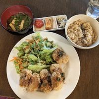 Karaage lunch set. Well presented but crazy salty at Nagi Shokudo in Kamakura