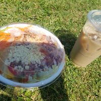 taco bowl with fake cheese, soy latte at Veggies Deli Box Cafe - Food Truck in Tokyo