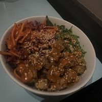 Miso ginger bowl with added tempeh and greens instead of rice   at The Bye and Bye in Portland