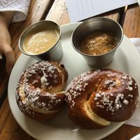 pretzel knots with garlic & cashew cheese  at The Bye and Bye in Portland