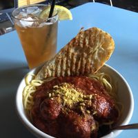 Spaghetti with vegan meatballs. And an ice tea. Yummy. at The Bye and Bye in Portland