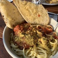 spaghetti with amaaaazing bread😄 at The Bye and Bye in Portland