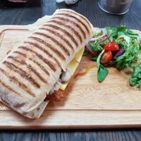 Vegan sausage melt with cheese, mushrooms and caramelised onions  at The Little Kitchen in Boston