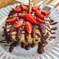 35 - Vegan Pancakes w/ vegan nutella and strawberries at Bonbon Cafe in Lanzarote