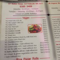 Vegan menu at Wrap 'n' Rice Thai Cafe in Cottesloe
