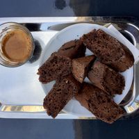 Chambelland Cacao bread with espresso drink.  at Chambelland in Paris