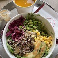 Roasted eggplant salad bowl and pumpkin soup  at Pret A Manger - Exchange Tower in Kowloon