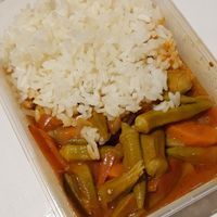 Vegan okra carrot tomato stew with rice at Gulet Feinkost in Munich