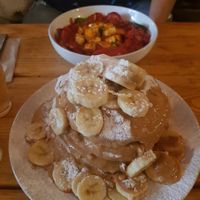 Tofu Shakshuka and vegan peanut butter and banana pancakes at KAI in Leicester