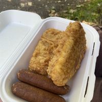 Vegan Fish cakes and vegan sausages  at Brockley's Rock in South East London