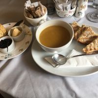 Vegetable and lentil soup with a vegan cheese toastie. And a vegan cranberry and orange scone with spread and blackcurrant jam   at Bluebird Tearooms in Malvern
