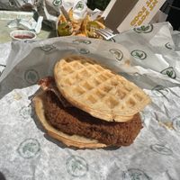 Chicken and Waffle Sandwich at Plant Power Fast Food in Redlands
