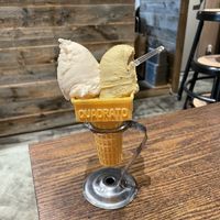 Yuuuuum. Left side vanilla and molasses, right side pistachio   at Premarché Gelateria in Tokyo