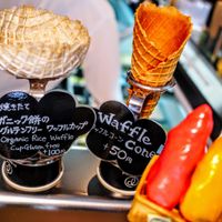 Vegan rice flour cone on the left; the waffle cone on the right is not vegan!!! It's indicated but not clearly enough. at Premarché Gelateria in Tokyo
