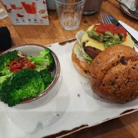 moving mountains burger with a side of garlic and chilly broccoli at Eatwell in Beckenham