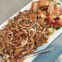 Moujadara, asked for the appetizer but got the $18 fullsize. Huge! at Aladdin in Reading