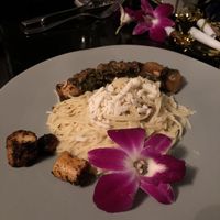 “Oyster scallops” made from mushrooms  with coconut lemon beurre blanc over angel hair pasta at Sage and Cinder in Mukilteo