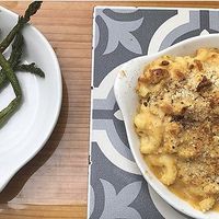 Vegan mac and cheese and a side of asparagus  at Sage and Cinder in Mukilteo
