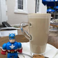 Captain America says good almond chai thanks  at Bliss in Kingston Se