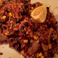 Rice and beans (tastes much better than it looks!) at Sara's Place By Gavi's Restaurant in Gates Mills