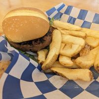 Vegan burger & fries at Annie Creek Restaurant and Gift Shop in Crater Lake Hwy