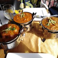 Mixed vegetables jalfrezi curry (two left pots) and aubergine bhaji (right) at Delhi Darbar in Tenerife