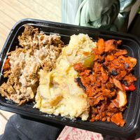 (From left to right) Chick’n Shawarma, Cheezy Potatoes, BBQ UnPork at Mathilda's in Oshawa