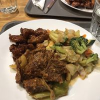 Chicken teriyaki, veggie stir fry, and unbeef stir fry - all vegan! at Mathilda's in Oshawa