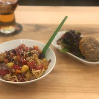 Rice noodles with vegetables & a pincho sized burg  at The Veggie Carmen in Santiago De Compostela