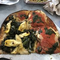 1/2 Spinach artichoke pizza & 1/2 eggplant Parmesan pizza at Alternative Plate in Lake Como