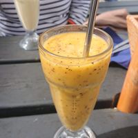 Mango Delight Smoothie - delicious freshly prepared smoothie. Paper straws were available but I used my own metal straws. at Cafe Mylor in Falmouth